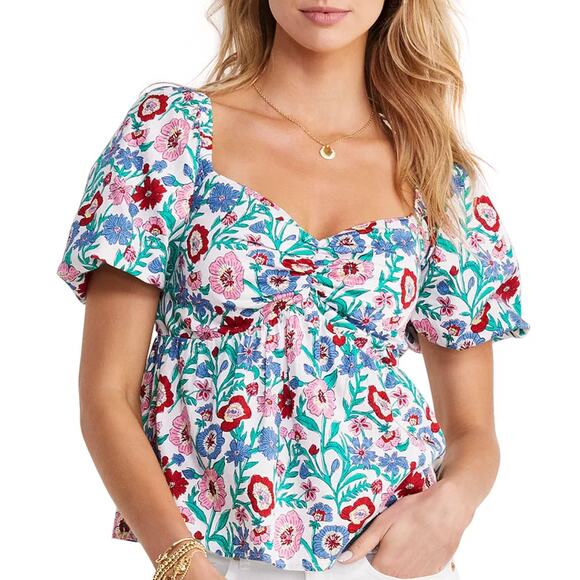 Vineyard Vines Multi Floral Cotton Puff Sleeve Sweetheart Neck Top Plus Size 2X - Picture 1 of 12